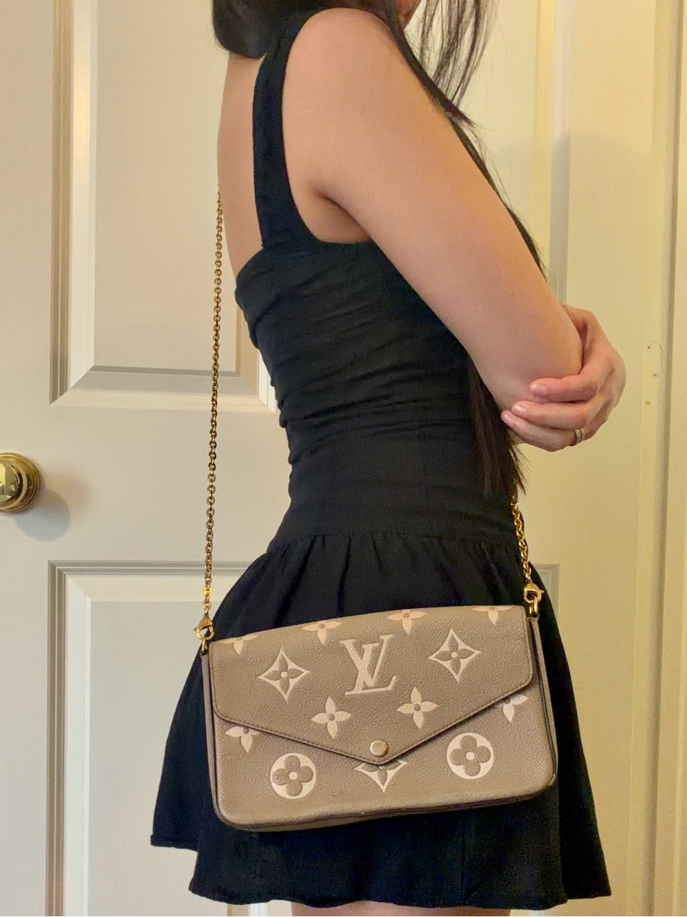 Louis Vuitton Monogram Canvas Crossbody Bag in Taupe and Cream with Gold Chain